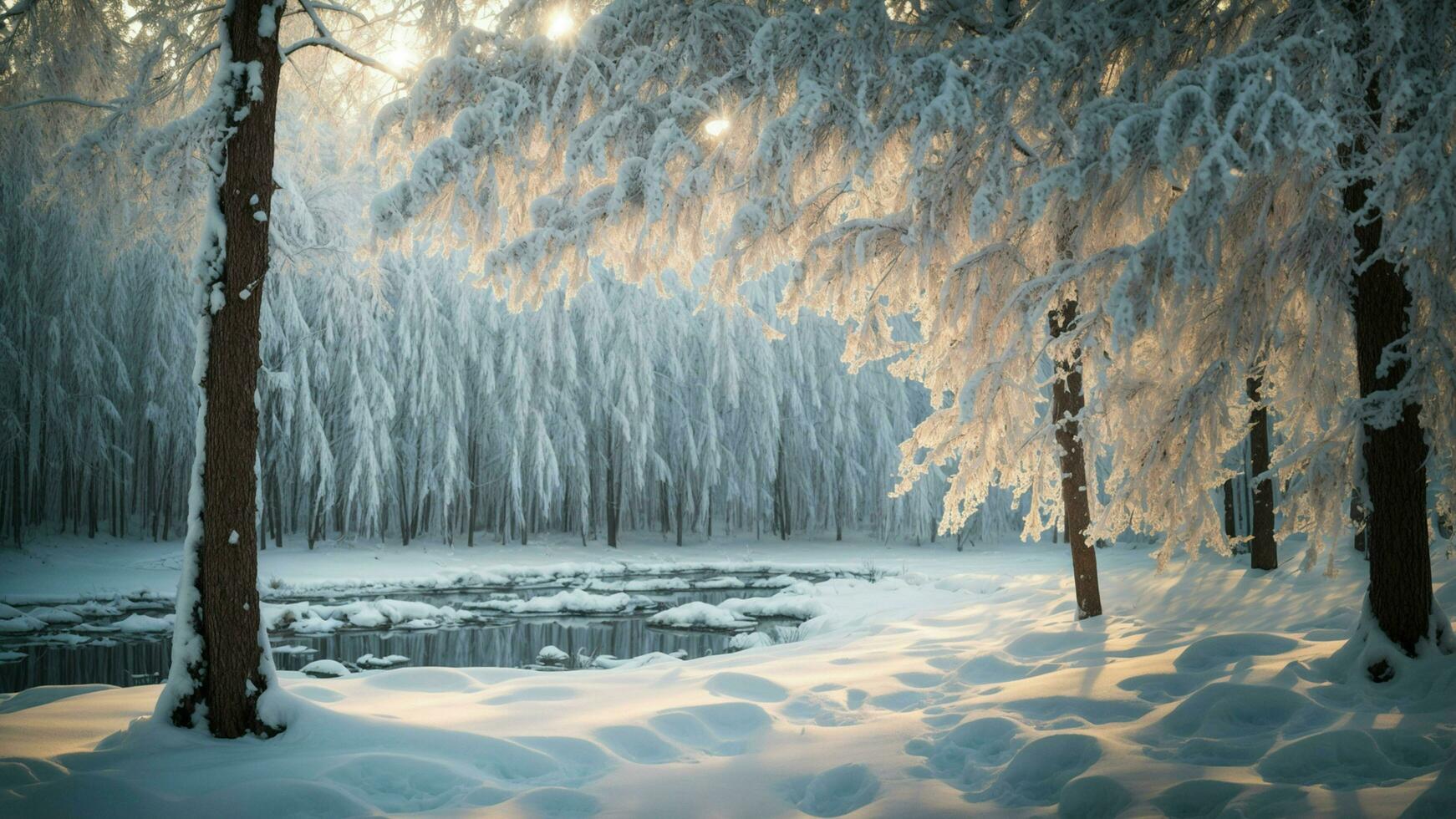 ai genererad fånga de förtrollning av en vinter- sagoland ram en ren skog täckt i snö med blänkande istappar, betona de oberörd skönhet av natur foto