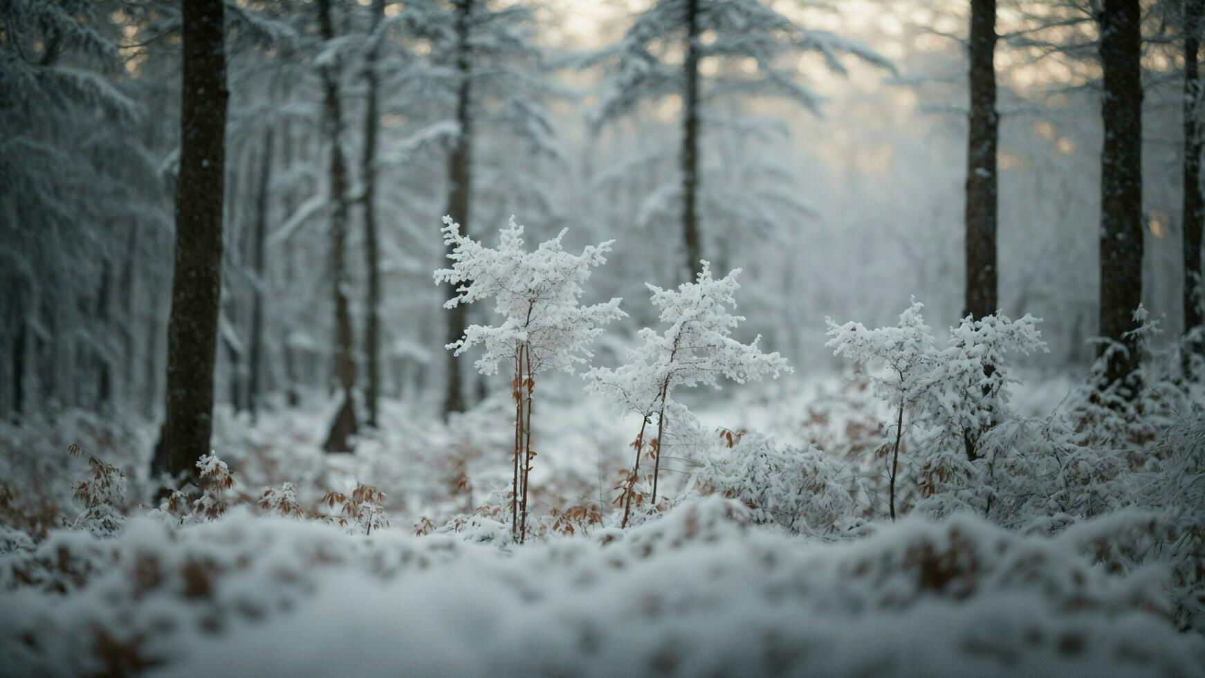 ai genererad viskande vindar i de vinter- skog hantverk ett bild den där förmedlar de tyst atmosfär av en snöig skog, med en lätt bris orsakar delikat snöflingor till dansa i de luft foto