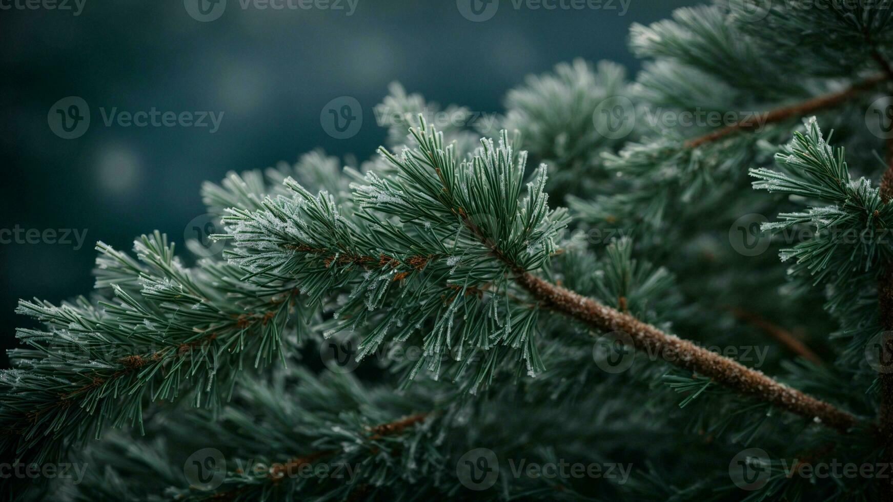 ai genererad förse en detaljerad konto av på vilket sätt is kristaller form på de nålar av en tall träd under en frysning vinter- natt. foto