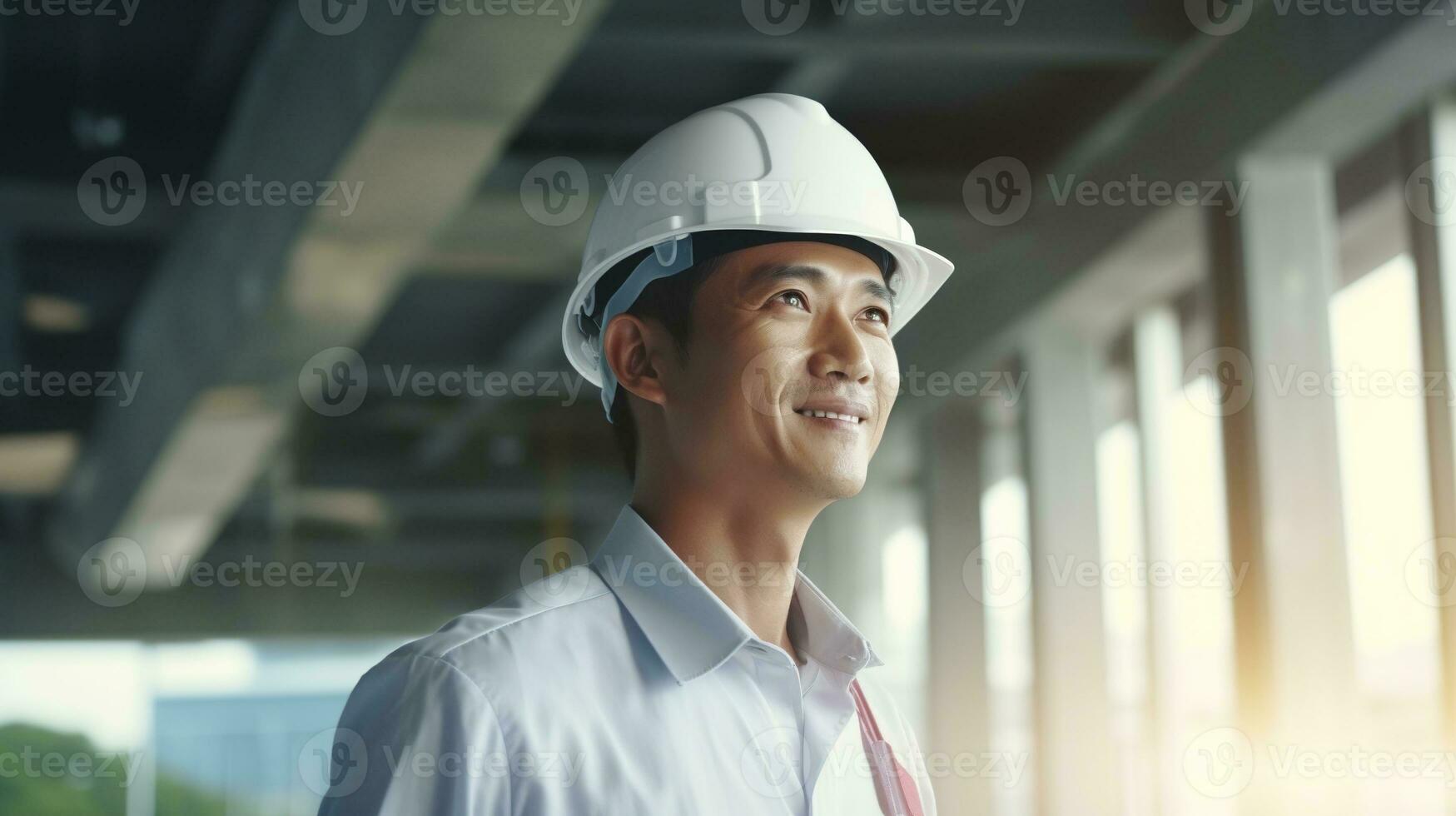 ai genererad porträtt av asiatisk ingenjör eller arkitekt på konstruktion webbplats med byggnad bakgrund foto