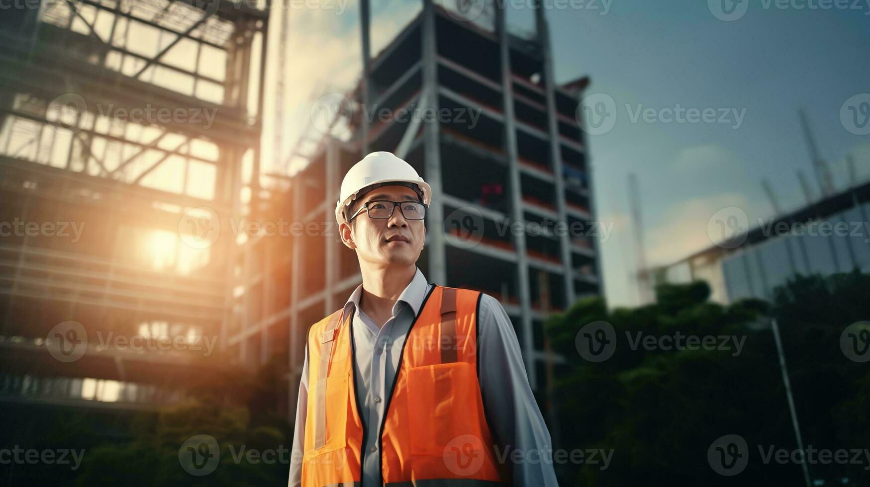 ai genererad porträtt av asiatisk ingenjör eller arkitekt på konstruktion webbplats med byggnad bakgrund foto