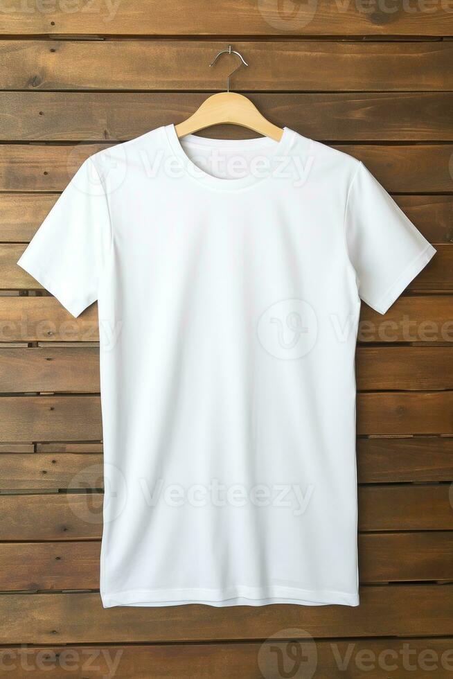 ai genererad vit t-shirt på trä- bakgrund, topp se. attrapp för design foto