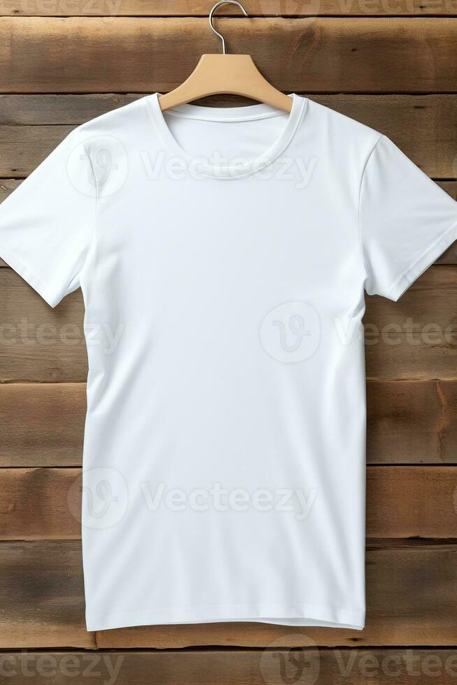 ai genererad vit t-shirt på trä- bakgrund, topp se. attrapp för design foto