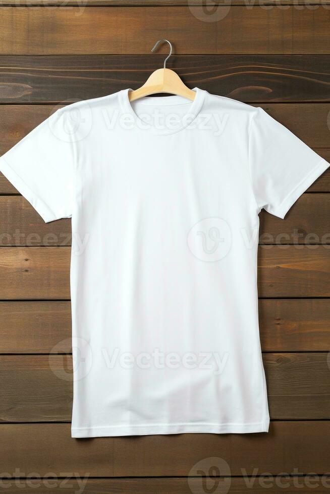 ai genererad vit t-shirt på trä- bakgrund, topp se. attrapp för design foto