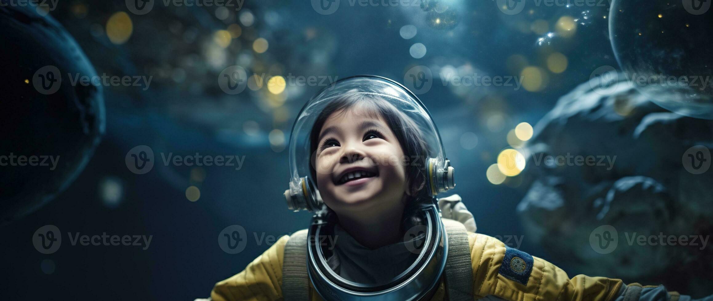 ai genererad porträtt av en söt asiatisk liten flicka bär astronaut kostym och leende i Plats foto