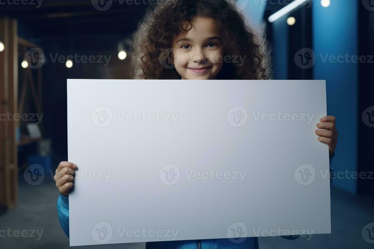 ai genererad söt liten flicka innehav tom vit ark av papper i henne händer foto