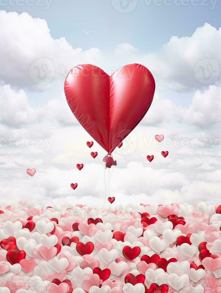 ai genererad röd hjärta ballong på de himmel bakgrund ai generativ foto