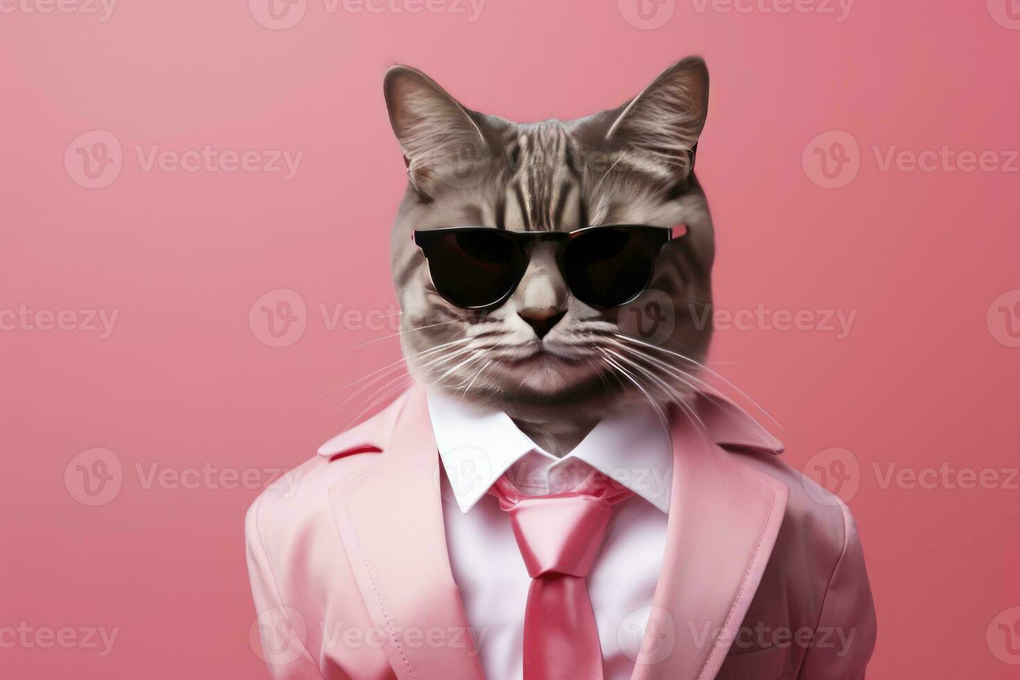 ai genererad en katt är bär solglasögon och kostym på rosa bakgrund. ai genererad foto