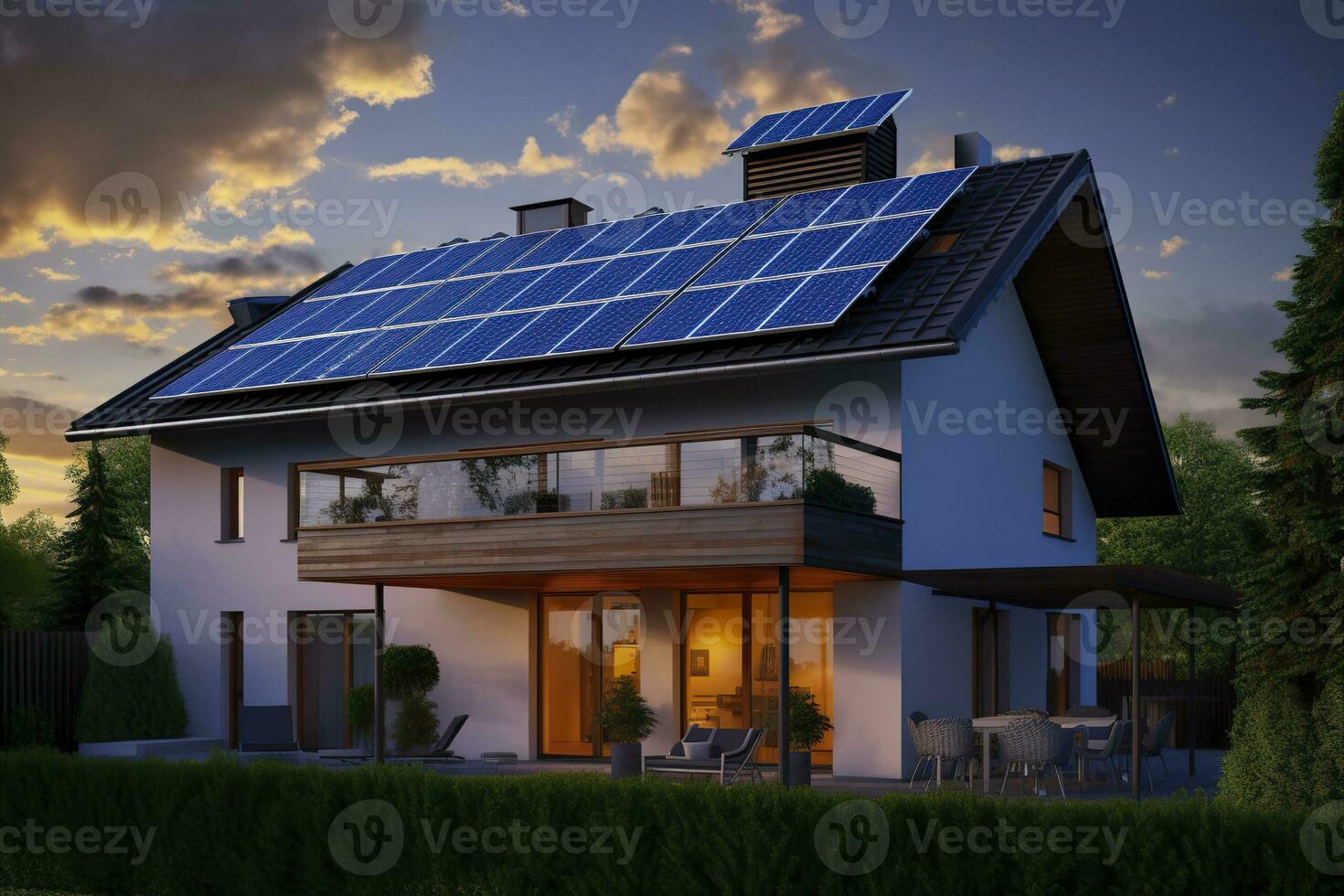 ai genererad modern hus med blå sol- paneler på de tak. slutet av de dag, solnedgång. ai genererad foto