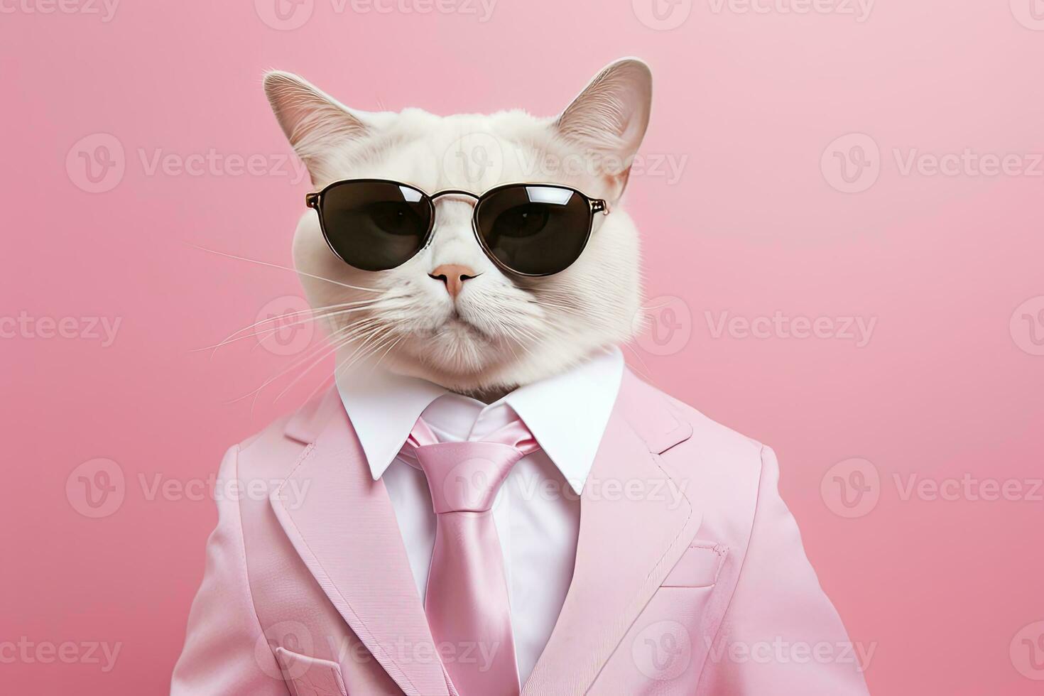 ai genererad en katt är bär solglasögon och kostym på rosa bakgrund. ai genererad foto