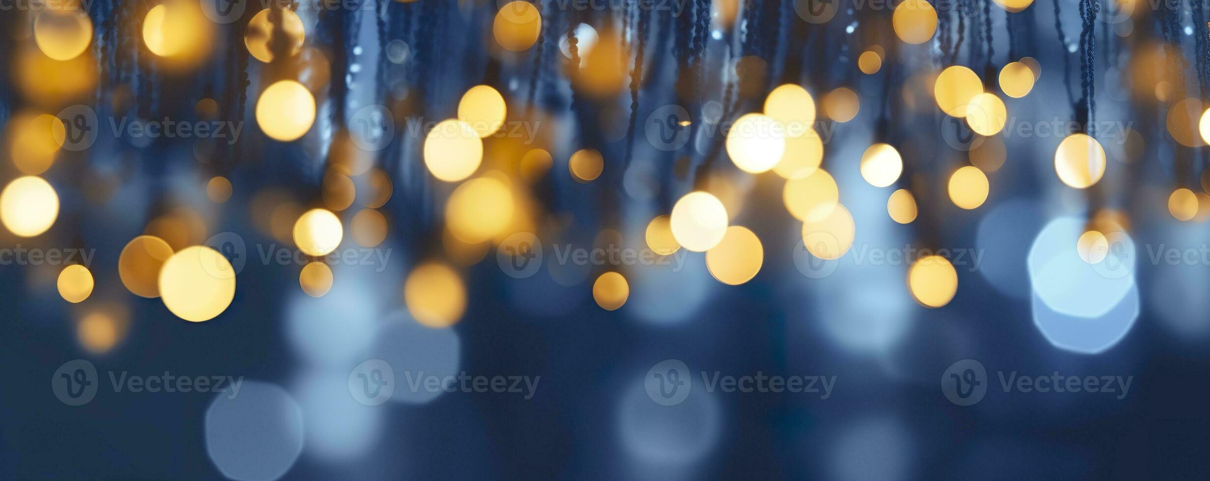 ai genererad Semester belysning och dekoration begrepp, jul krans bokeh lampor över mörk blå bakgrund. ai genererad foto