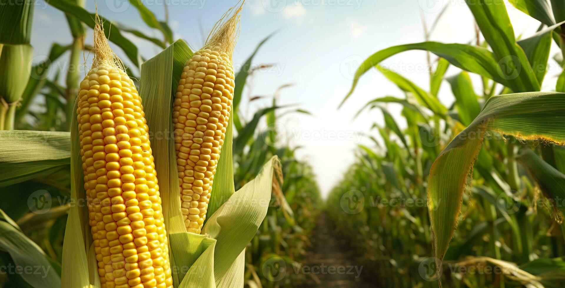 ai genererad närbild majs kolvar i majs plantage fält. generativ ai foto