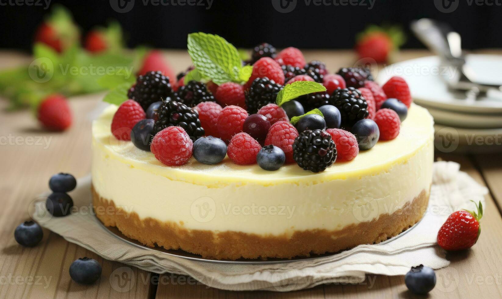 ai genererad citron- cheesecake med färsk bär. ai genererad foto