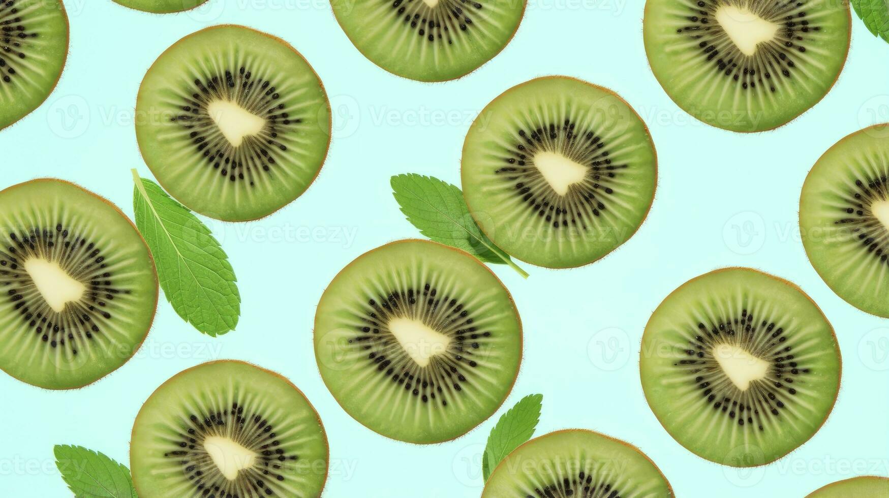 ai genererad skivor av kiwi frukt och grön mynta löv på en ljus pastell blå bakgrund. ai genererad foto