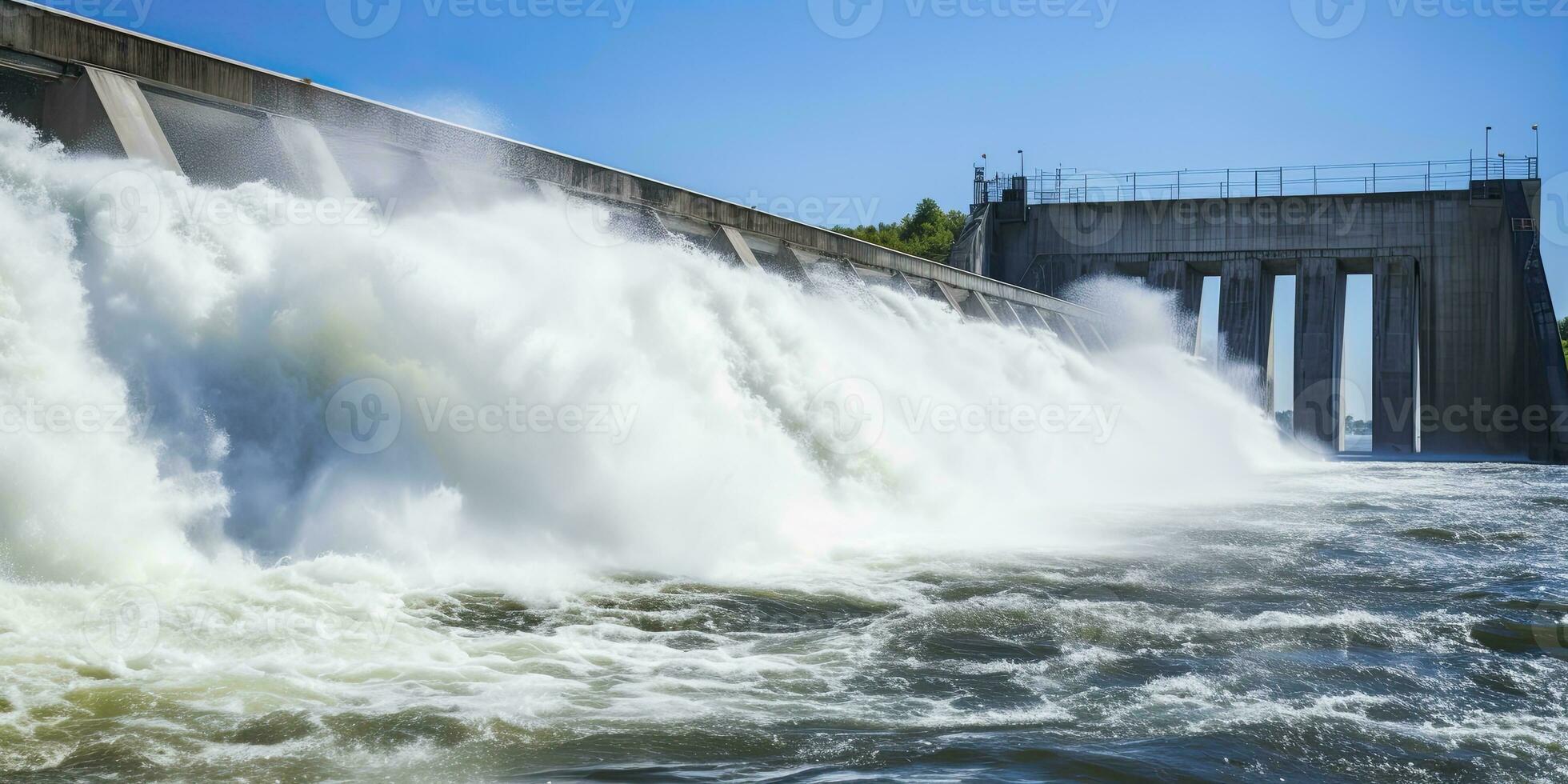 ai genererad vattenkraft damm alstrande grön energi från strömmande vatten. ai genererad. foto