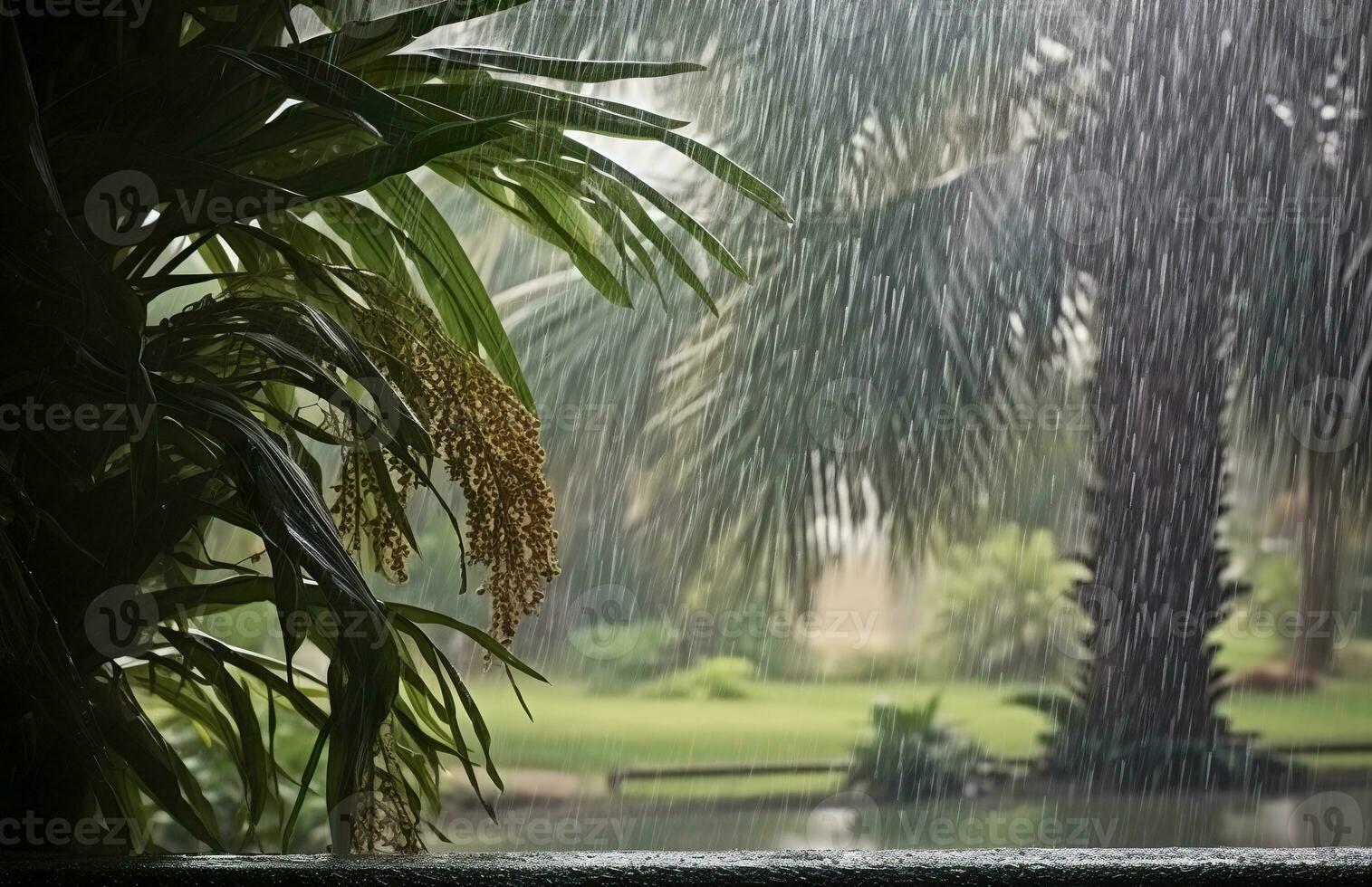 ai genererad regn i de tropikerna under de låg säsong eller monsun säsong. regndroppar i en trädgård. generativ ai foto