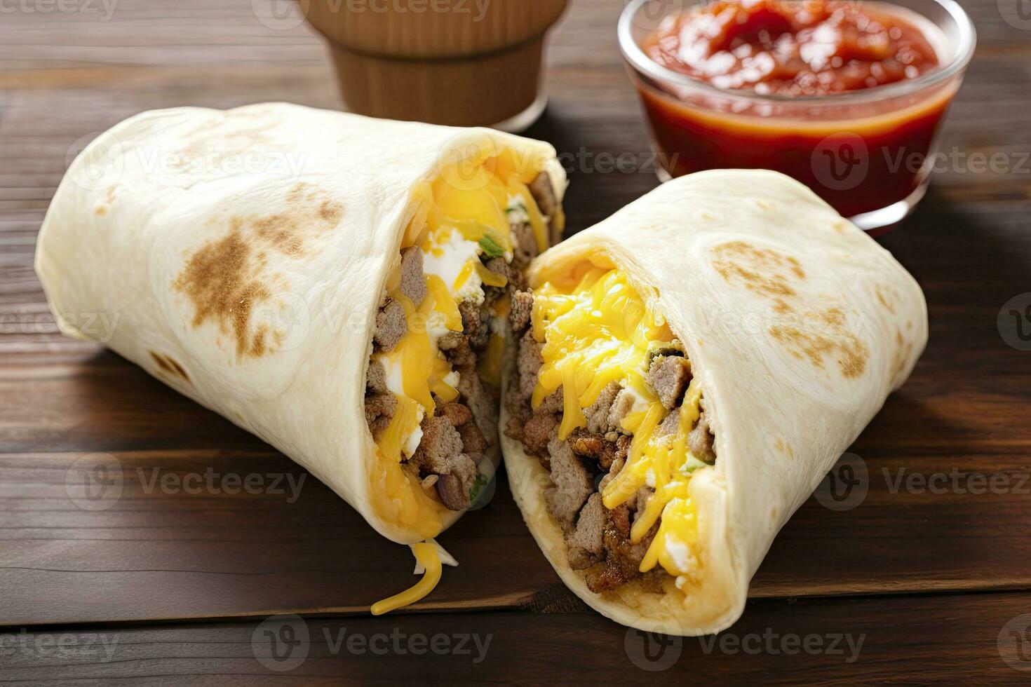 ai genererad frukost burrito med korv, ägg, hashbrown och ost. ai genererad foto