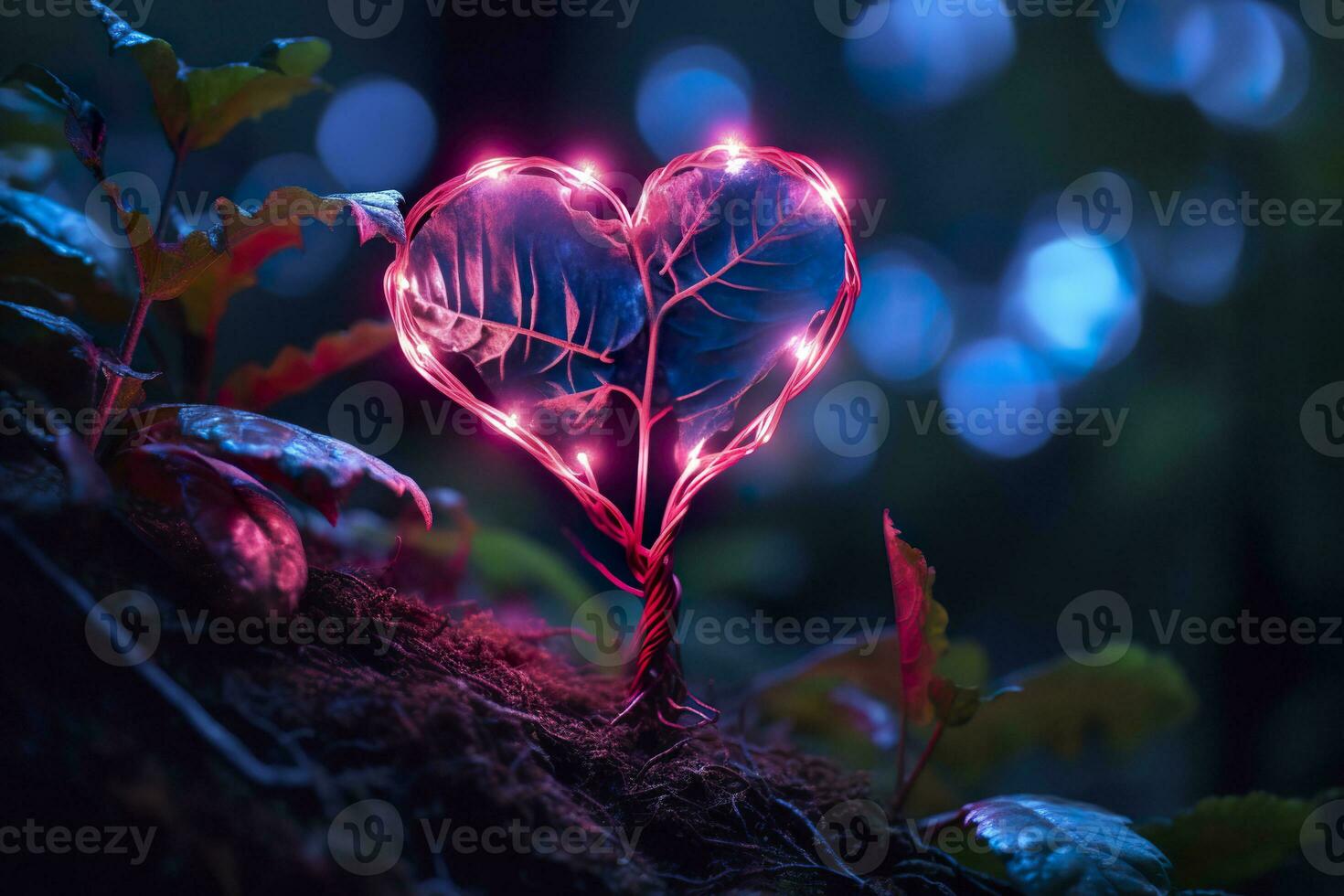 ai genererad lysande bioluminescerande växt formad tycka om en mänsklig hjärta, i en mystisk skog. generativ ai foto