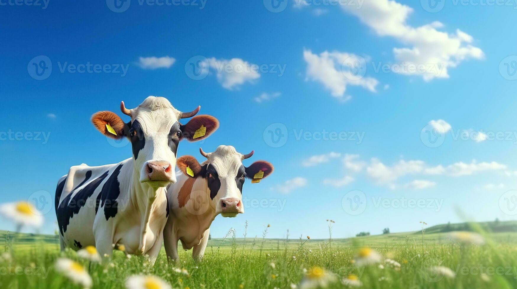 ai genererad friska kor på de grön fält. odla, ranch, mjölk, ko, färsk mjölk, mejeri foto
