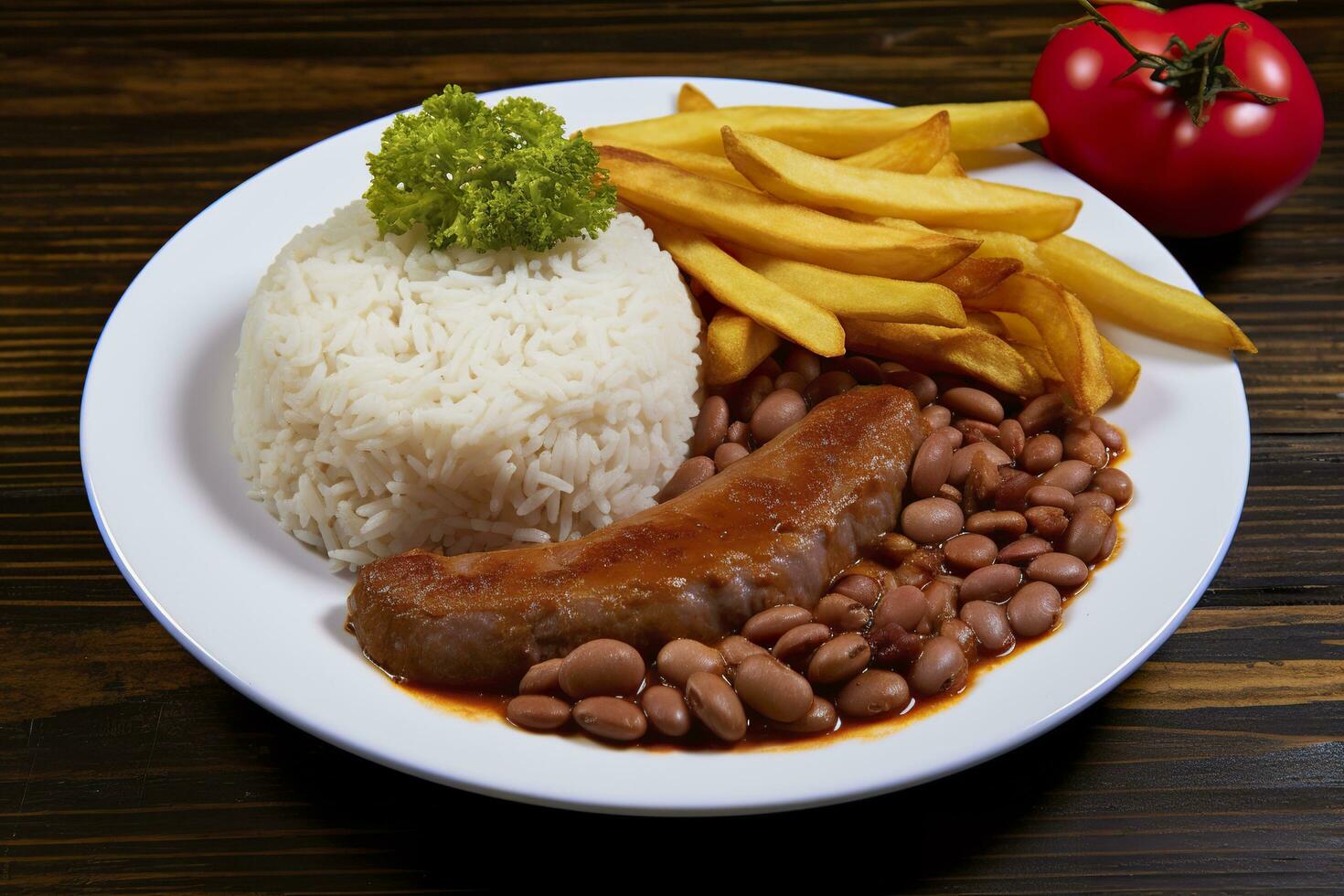 ai genererad ris, bönor, franska pommes frites, och kött. generativ ai foto