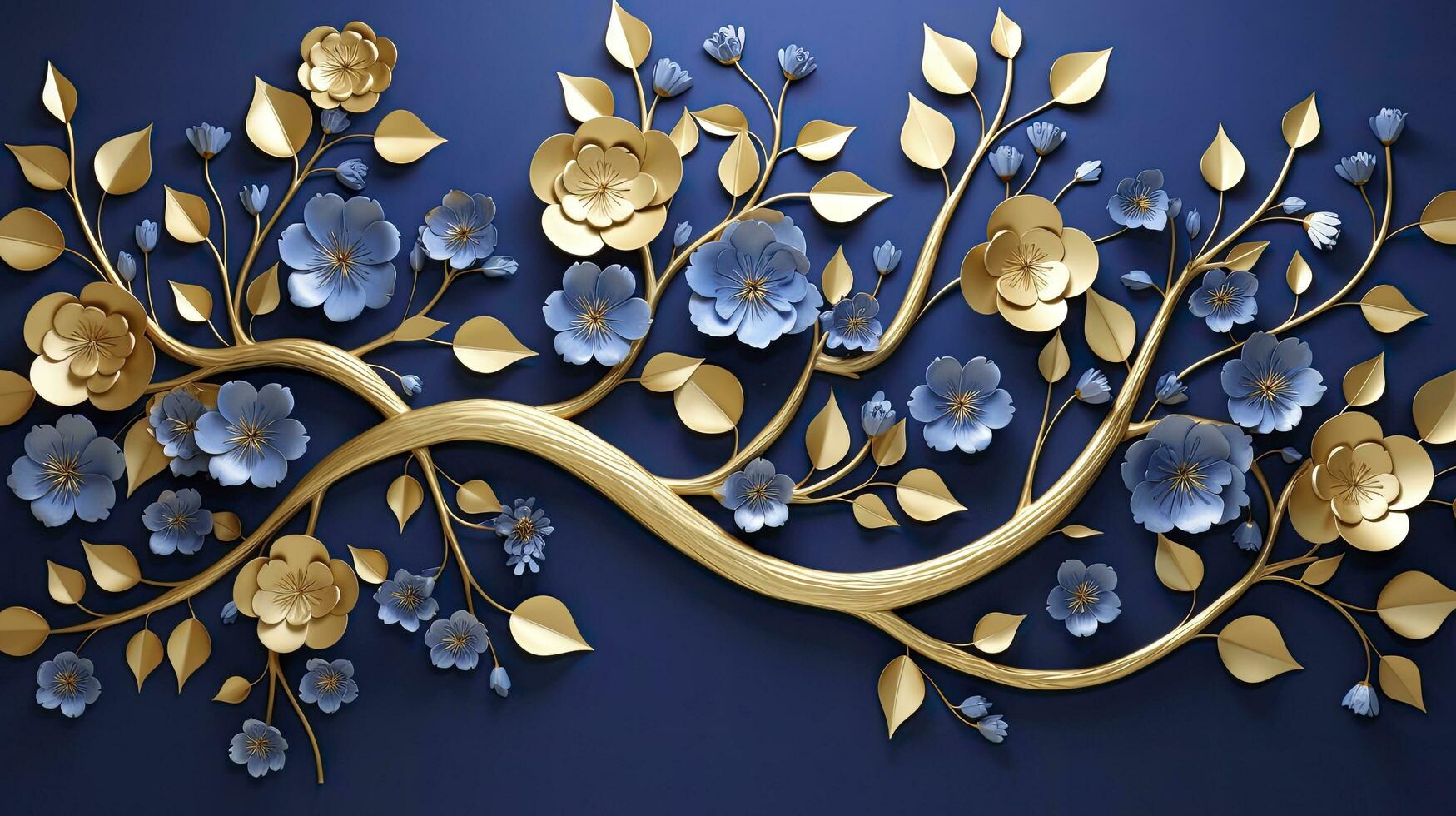 ai genererad elegant guld och kunglig blå blommig träd med löv och blommor hängande grenar illustration bakgrund. ai genererad. foto