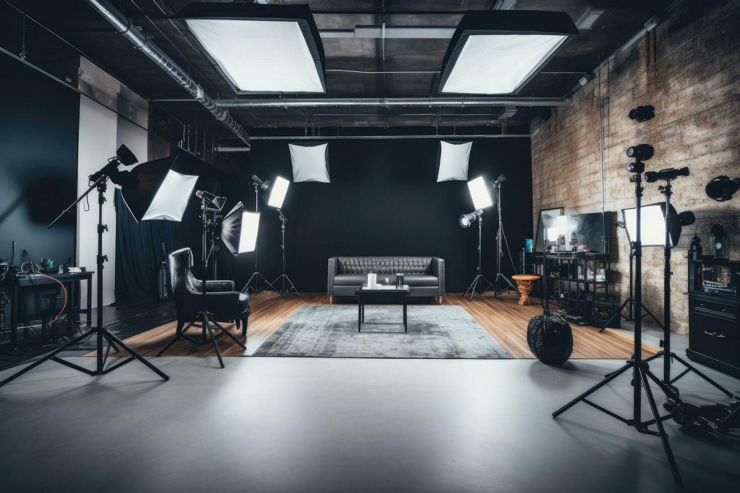 ai genererad interiör av modern Foto studio med professionell Utrustning och belysning Utrustning, interiör av en samtida Foto studio utrustad med professionell redskap, ai genererad