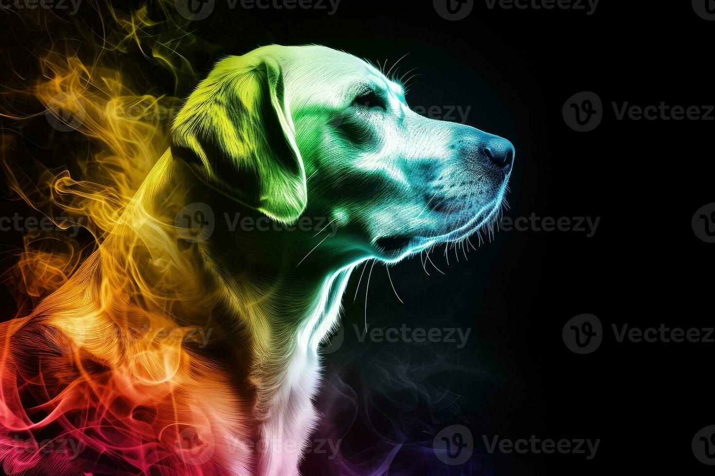 ai genererad hund med regnbåge rökig självlysande tapet foto