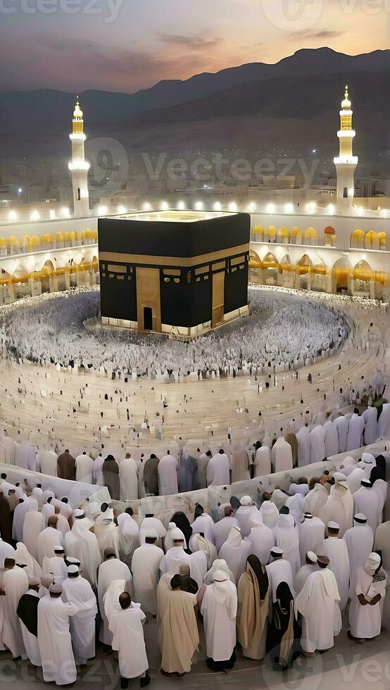 ai genererad kaaba majestät i mecka ramadan och eid al-fitr lugn foto