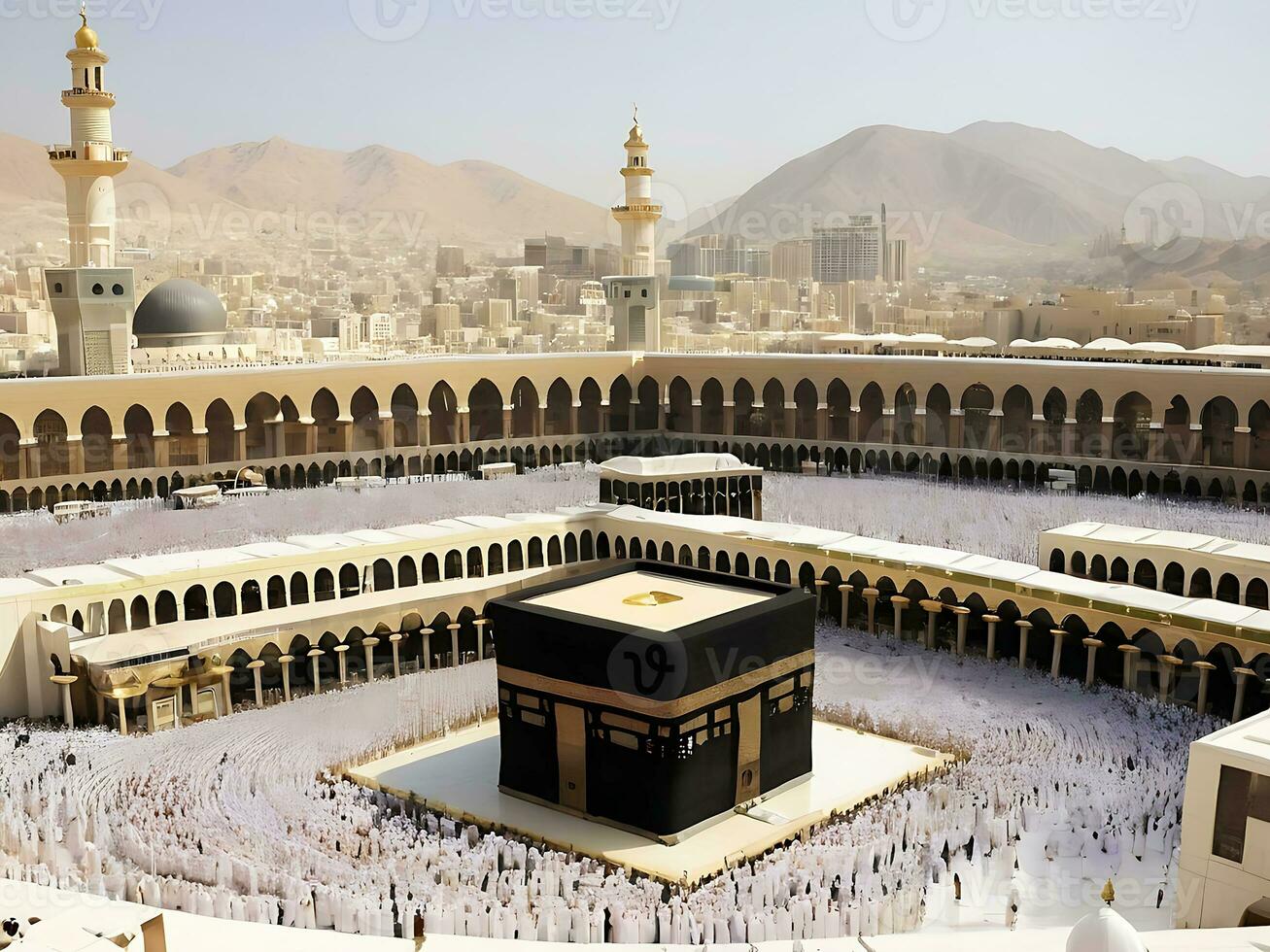 ai genererad ramadan och eid välsignelser inspirerande kaaba landskap i mecka foto