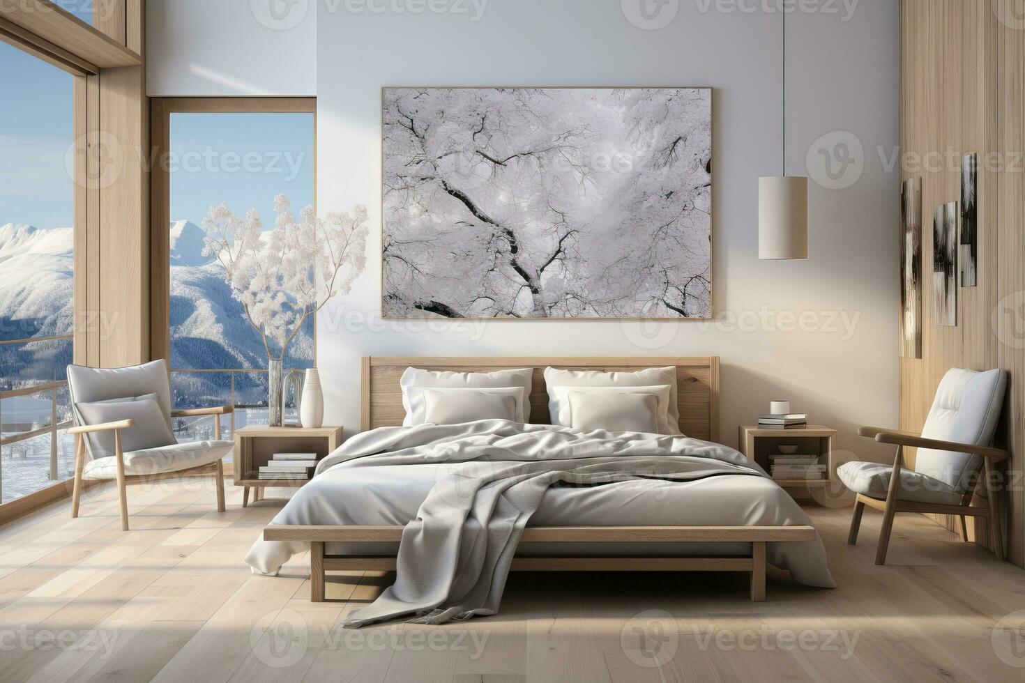 ai genererad sovrum designad i de scandinavian stil, terar en lugn och lugnande atmosfär foto