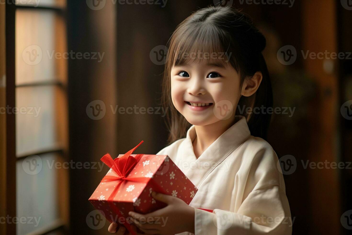 ai genererad söt asiatisk liten flicka innehav gåva låda i levande rum foto