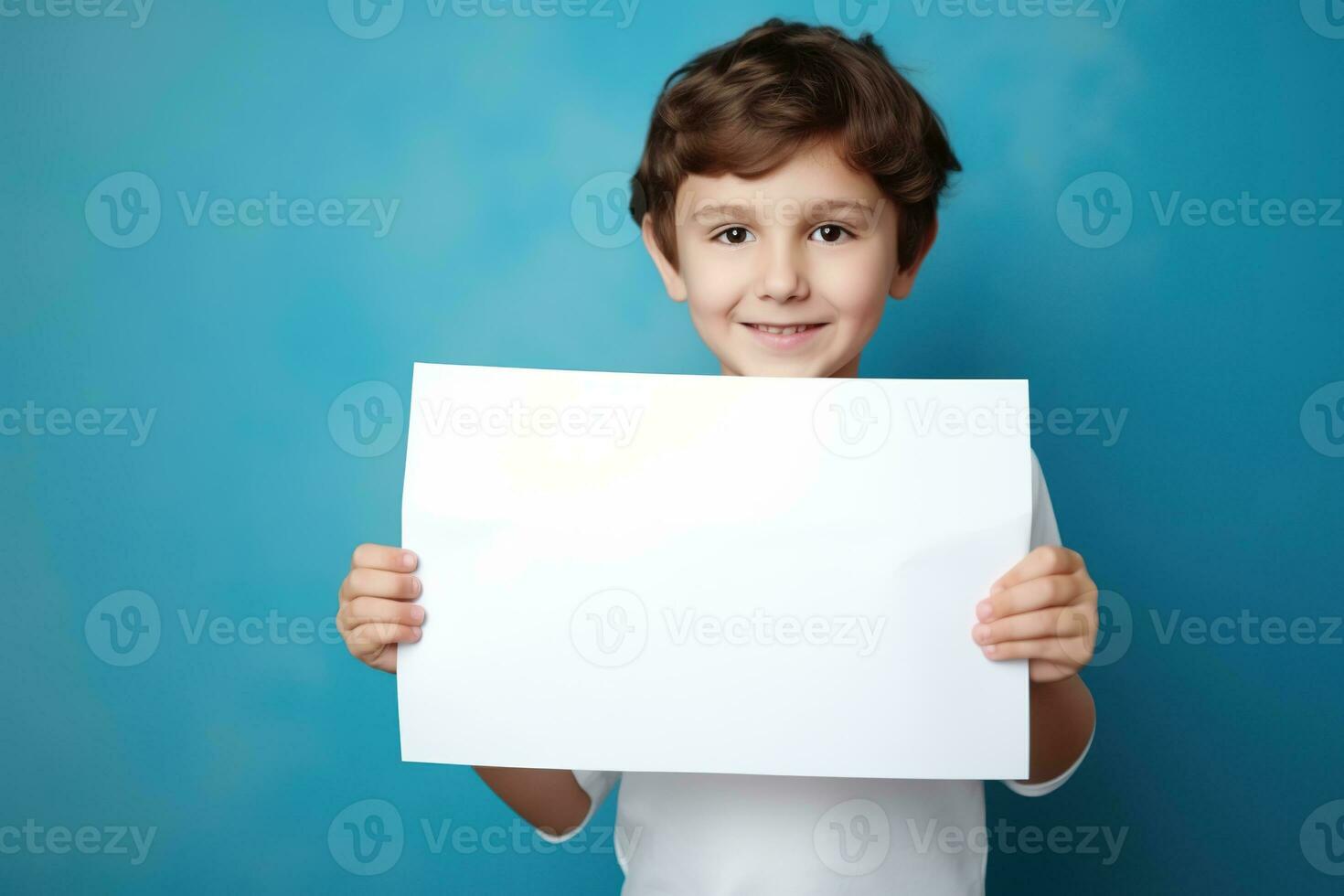 ai genererad liten pojke innehav en tom vit ark av papper foto