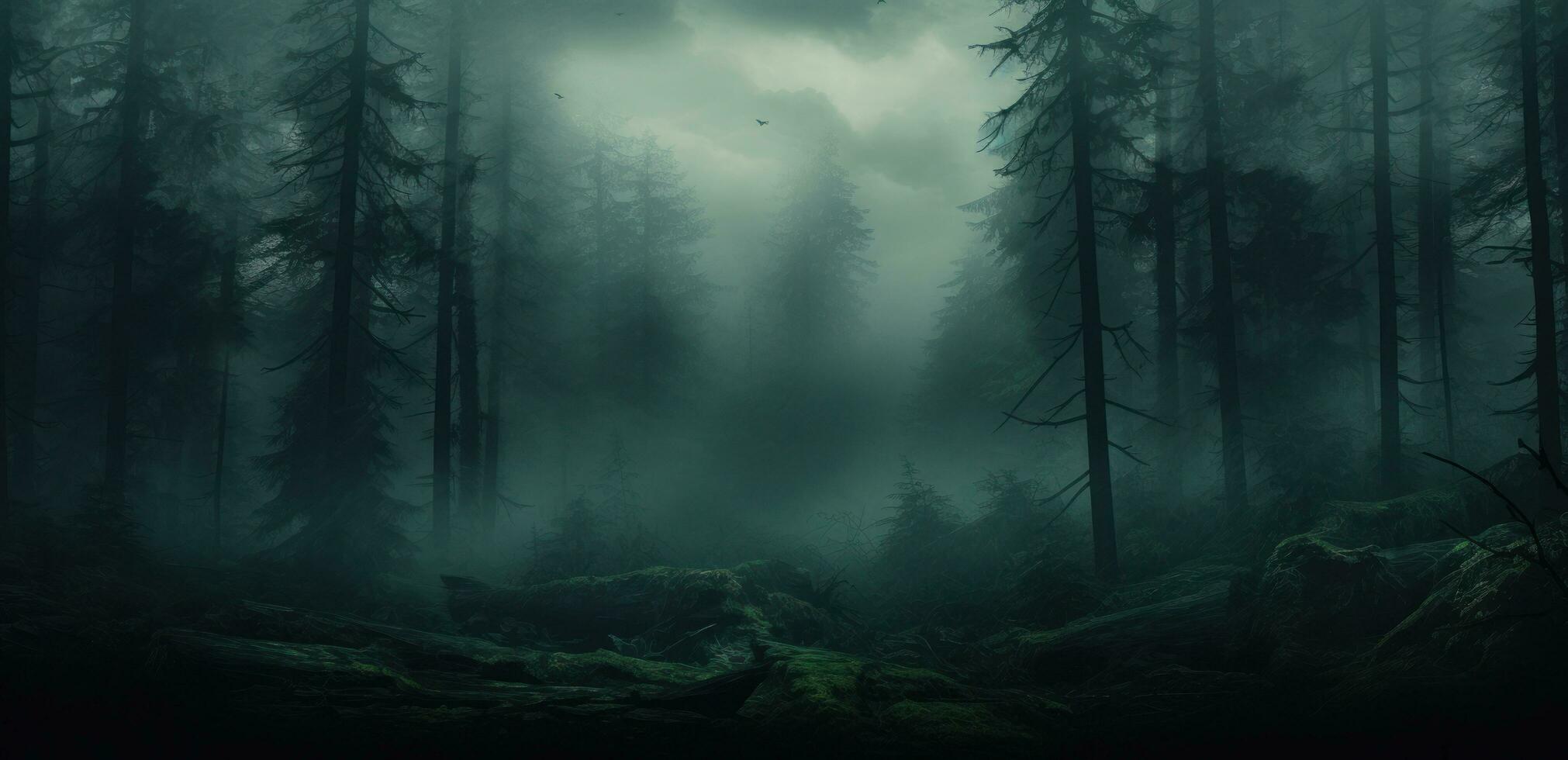 ai genererad en dimmig skog i de dimma, foto