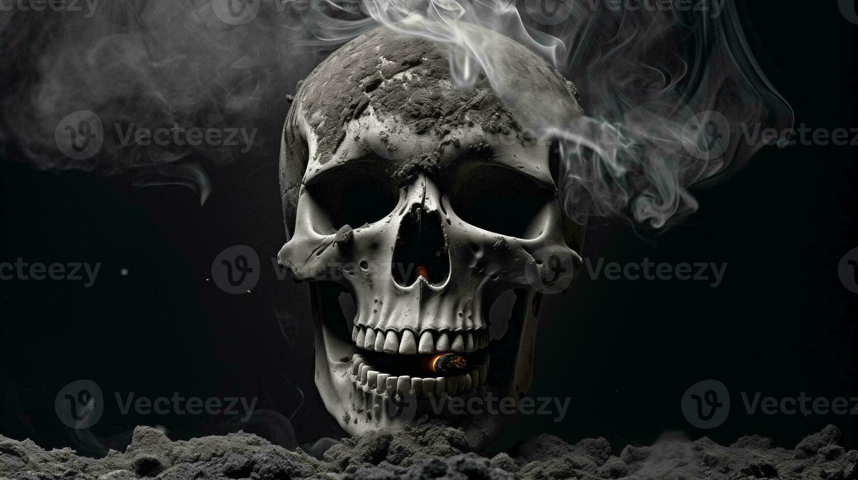 ai genererad rök dödar begrepp. skalle i aska. anti tobak foto