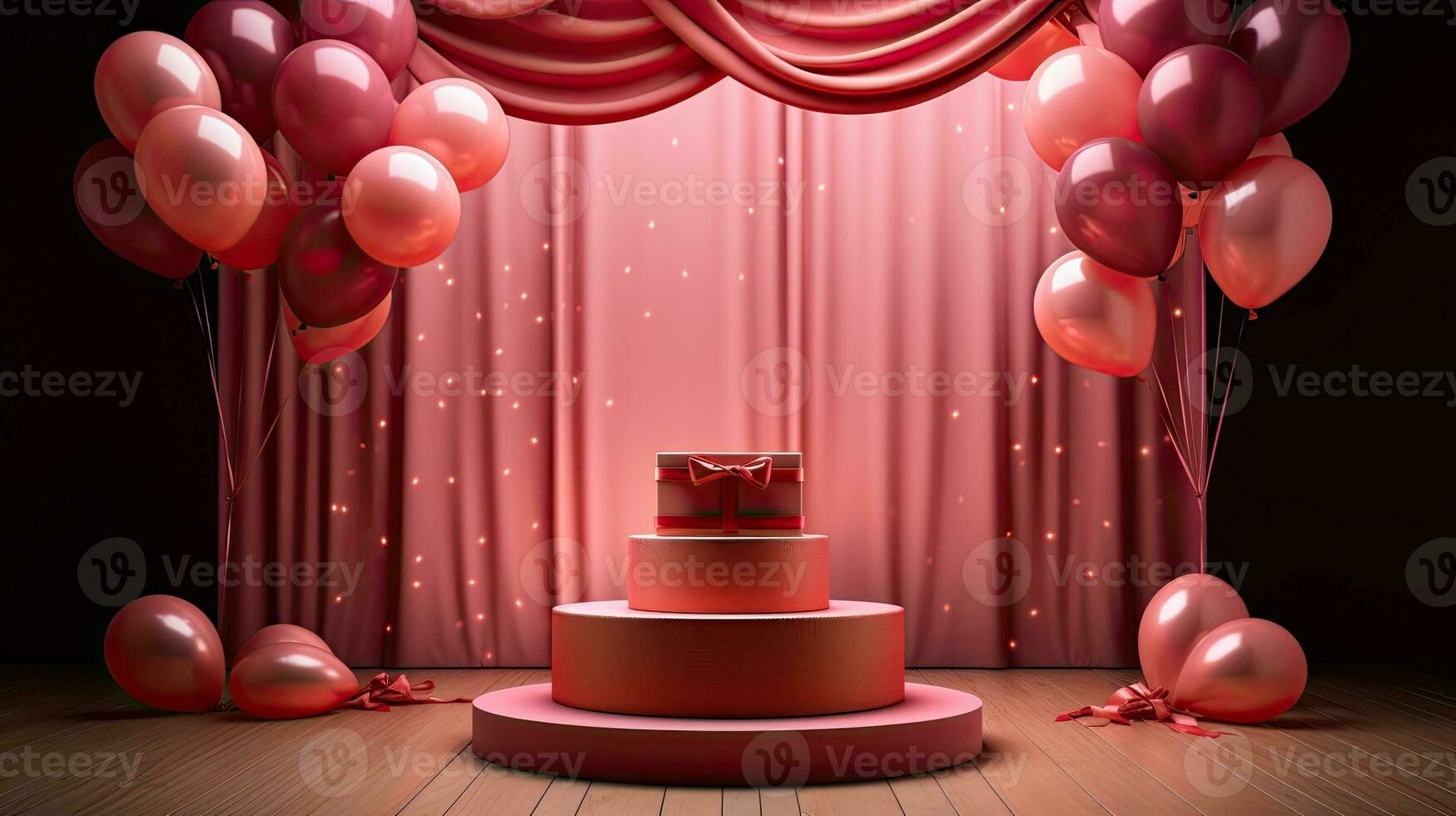 ai genererad rosa produkt podium med ballong på de ridå bakgrund ai generativ foto