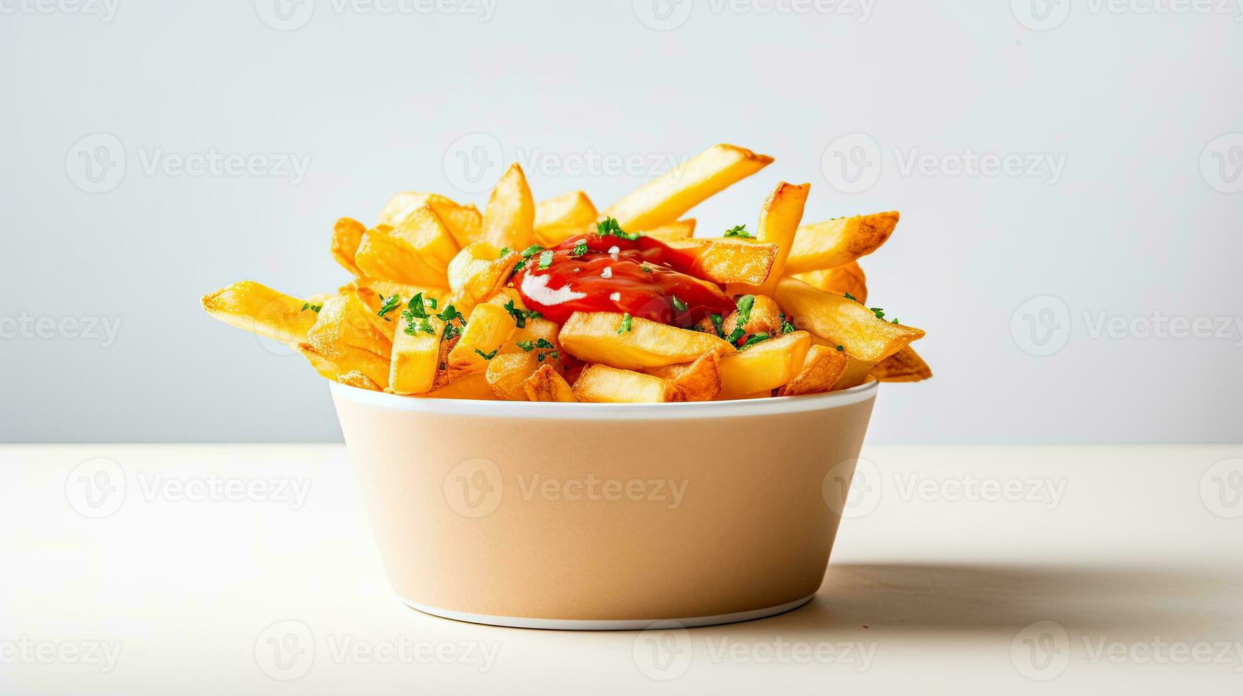 ai genererad franska frites med ketchup och basilika blad ai generativ foto