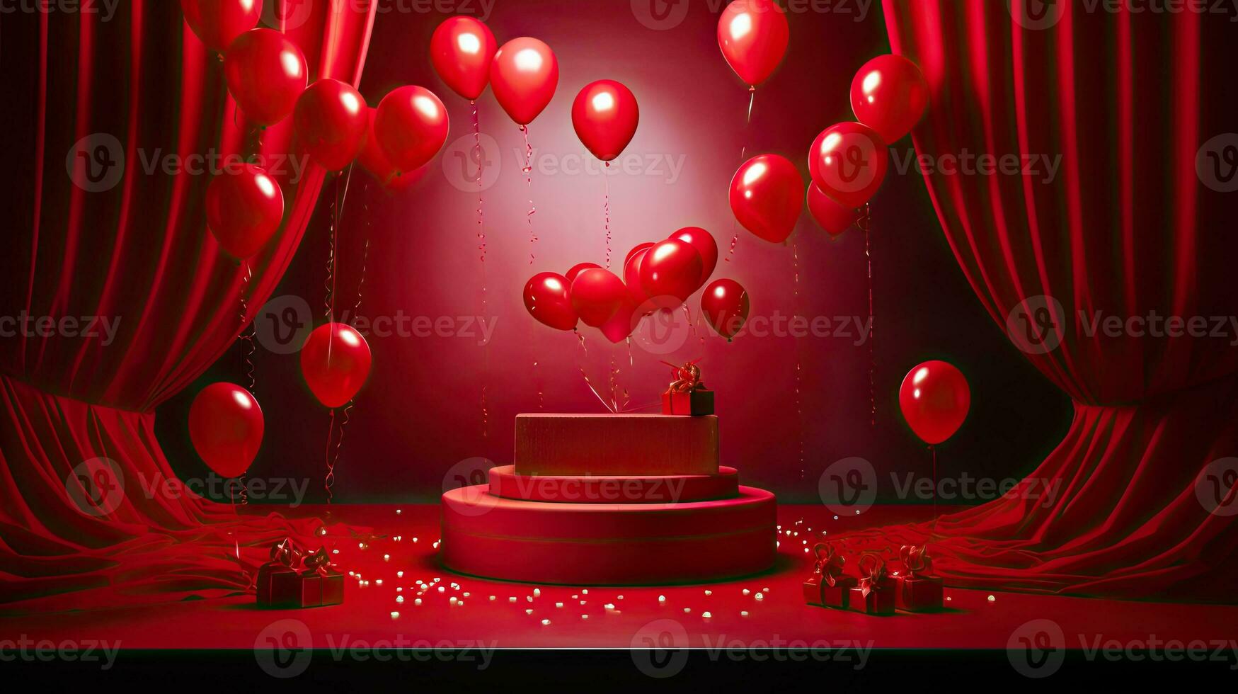 ai genererad röd produkt podium attrapp med röd ballong ai generativ foto