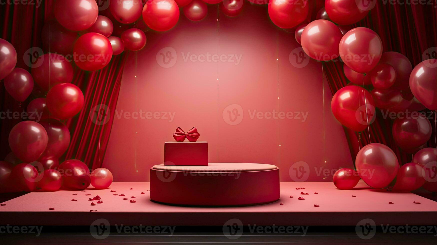 ai genererad röd produkt podium attrapp med röd ballong ai generativ foto