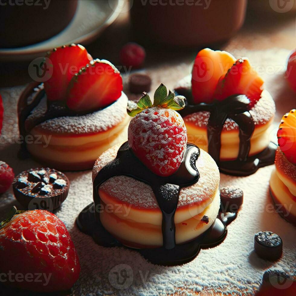 ai genererad jordgubb pannkaka med choklad och jordgubb garnering ai generativ foto