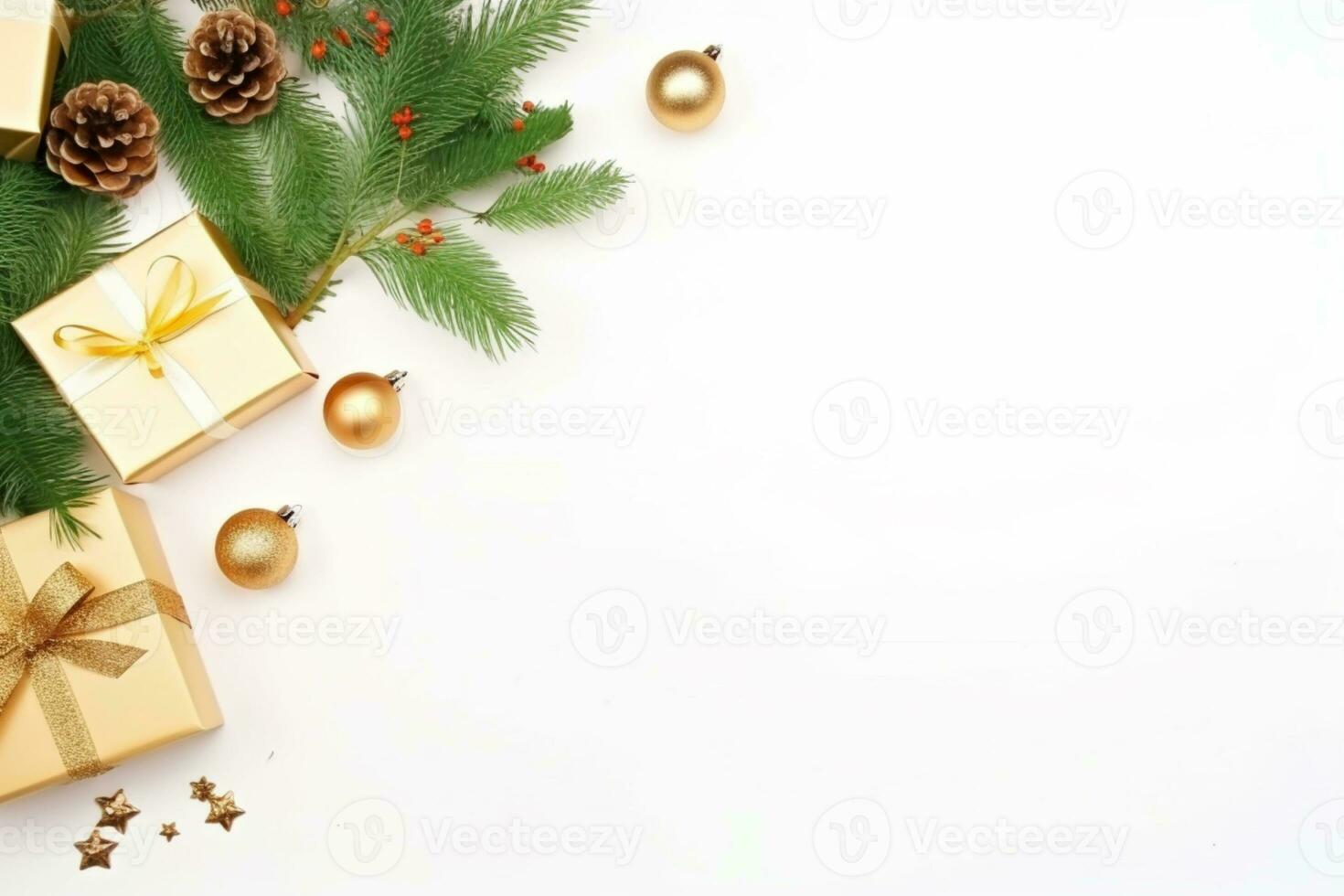 ai genererad jul sammansättning av gran träd grenar med gåvor på vit marmor bakgrund foto