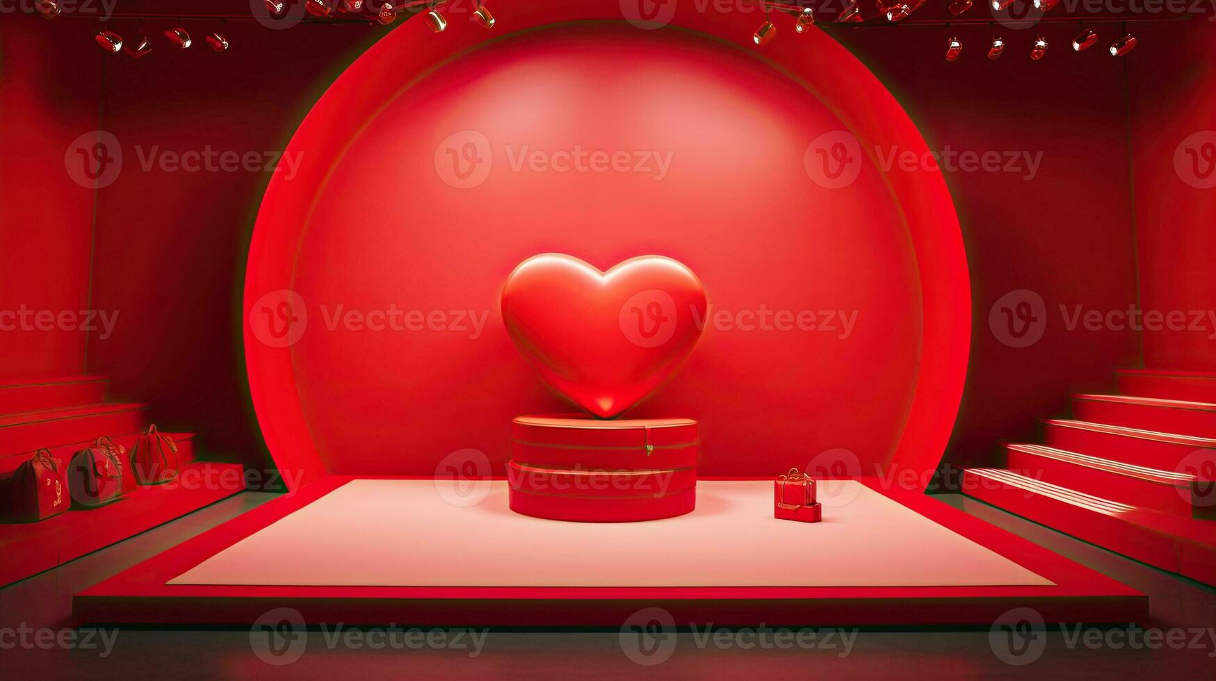 ai genererad röd hjärta ballong på de röd podium ai generativ foto