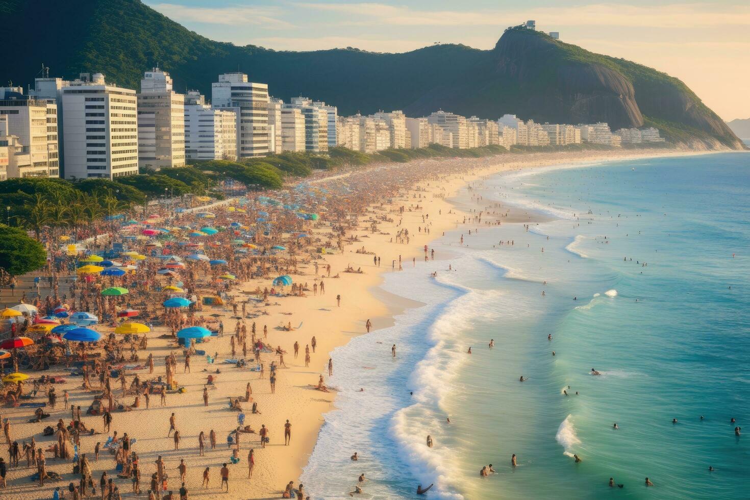 ai genererad strand av copacabana, rio de Janeiro, Brasilien, copacabana strand i rio de Janeiro, Brasilien, copacabana strand är de mest känd strand av rio de Janeiro, Brasilien, ai genererad foto