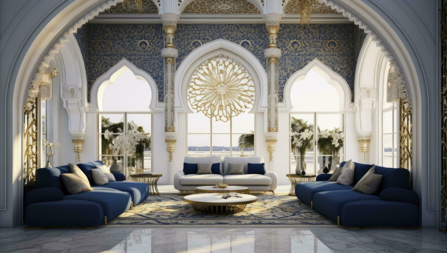 ai genererad islamic 3d tolkning av ett arabisk-inspirerad levande rum interiör design terar valvgångar och invecklad arabicum mönster. foto