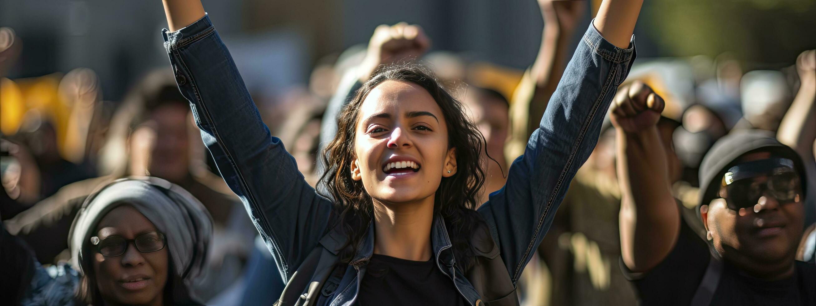 ai genererad kvinna höjning händer deltar i en protest för mänsklig rättigheter foto