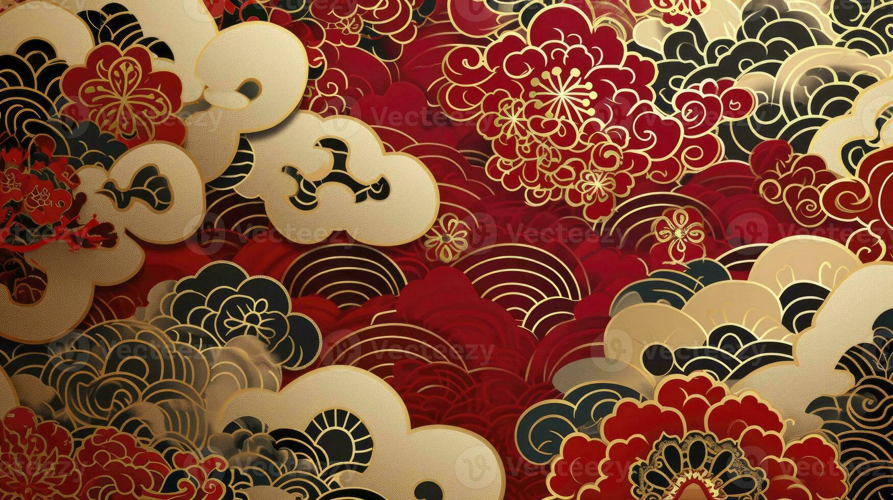 ai genererad kinesisk gynnsam moln mönster med röd och guld teman. foto
