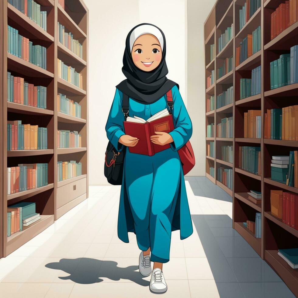 ai genererad illustration av en små indonesiska studerande bär en full kropp hijab, entusiastisk handla om inlärning, innehav en bok foto