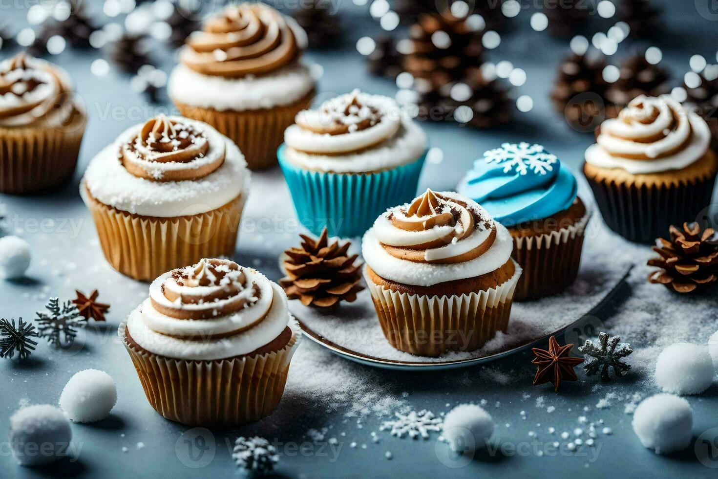 ai genererad muffins med glasyr och snöflingor på en blå bakgrund foto