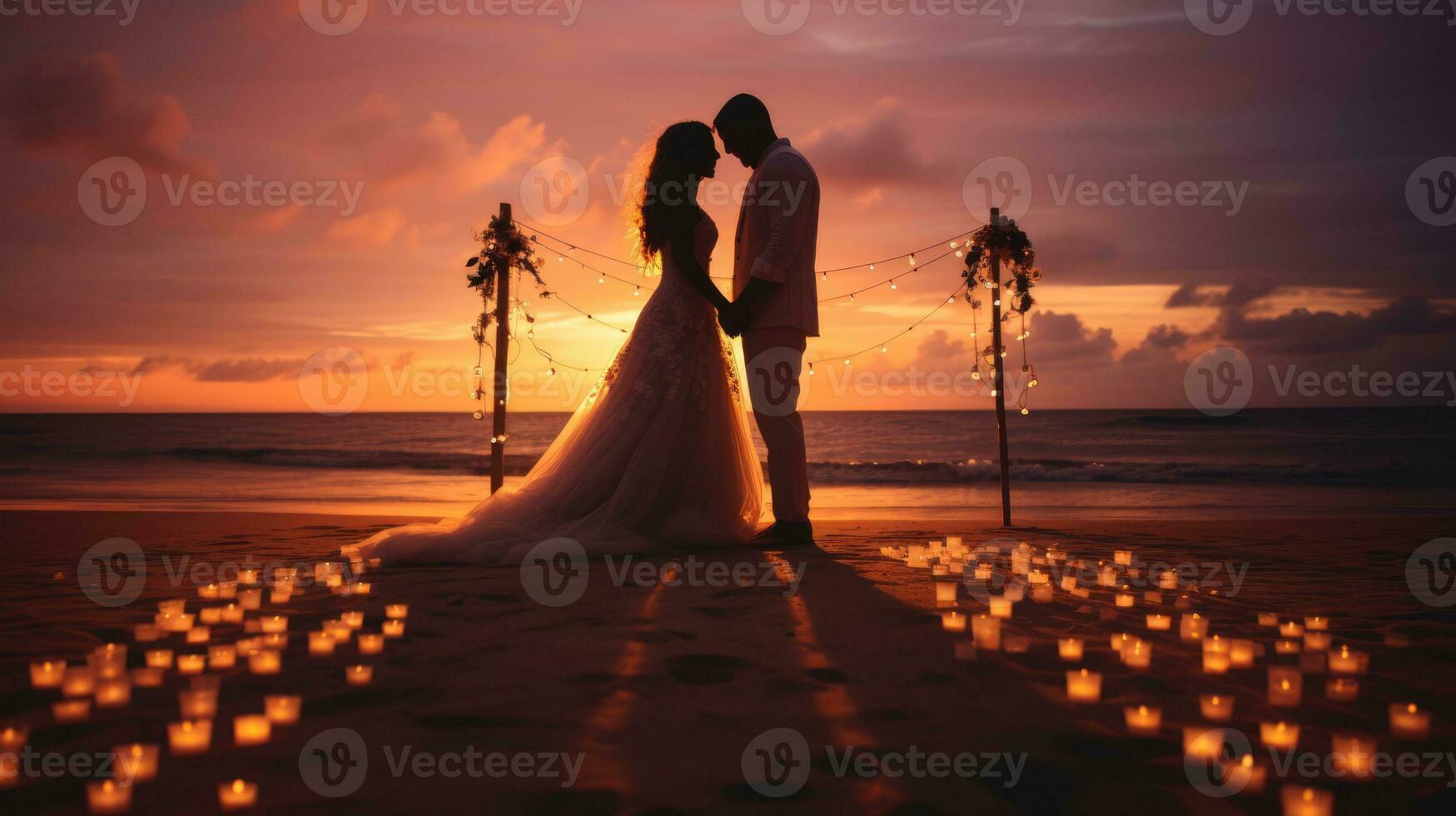 ai genererad Lycklig par fira bröllop ceremoni på de strand, lyxig solnedgång foto
