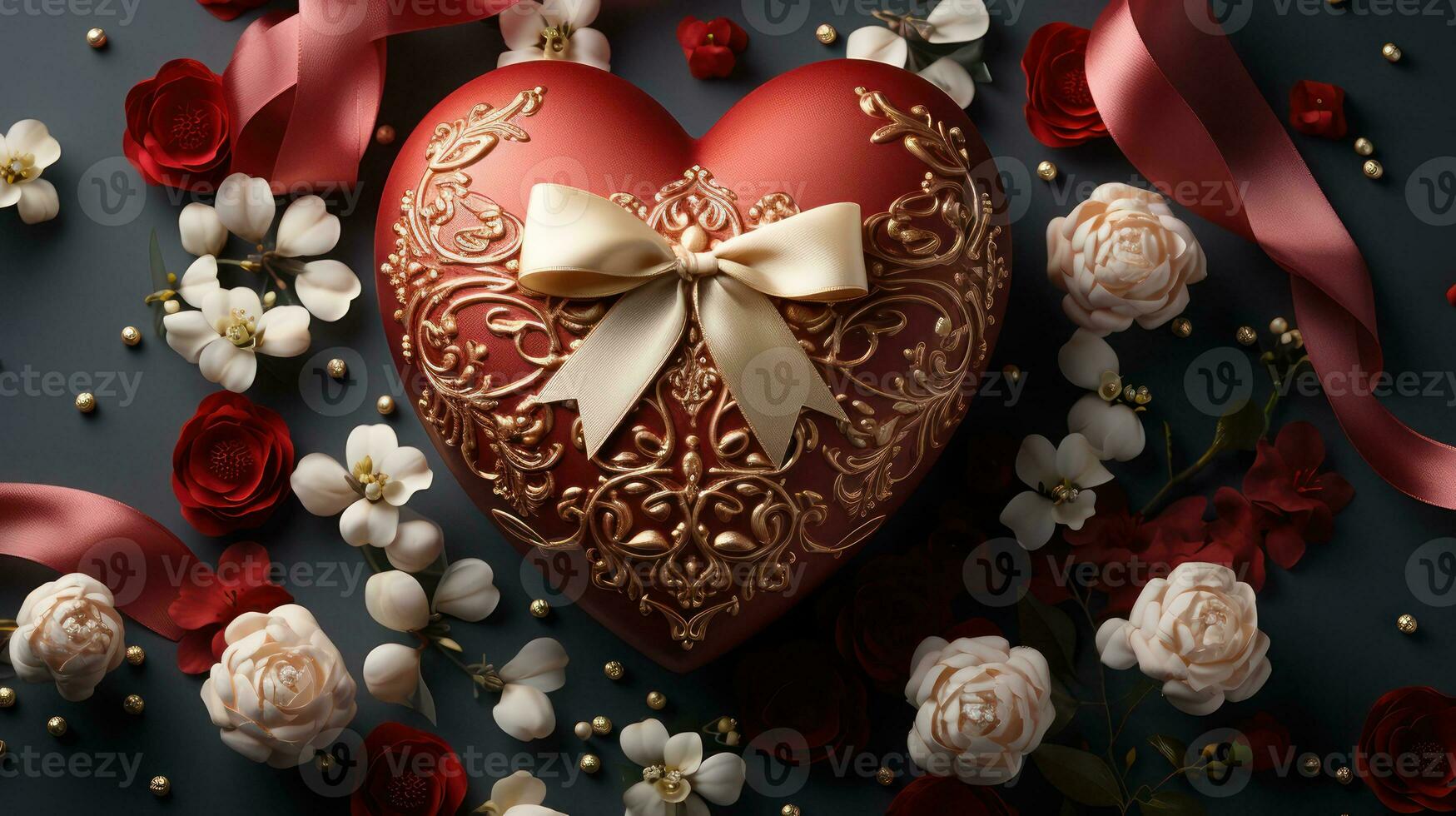 ai genererad hjärtans dag kärlek hjärtformade gåva låda med band foto