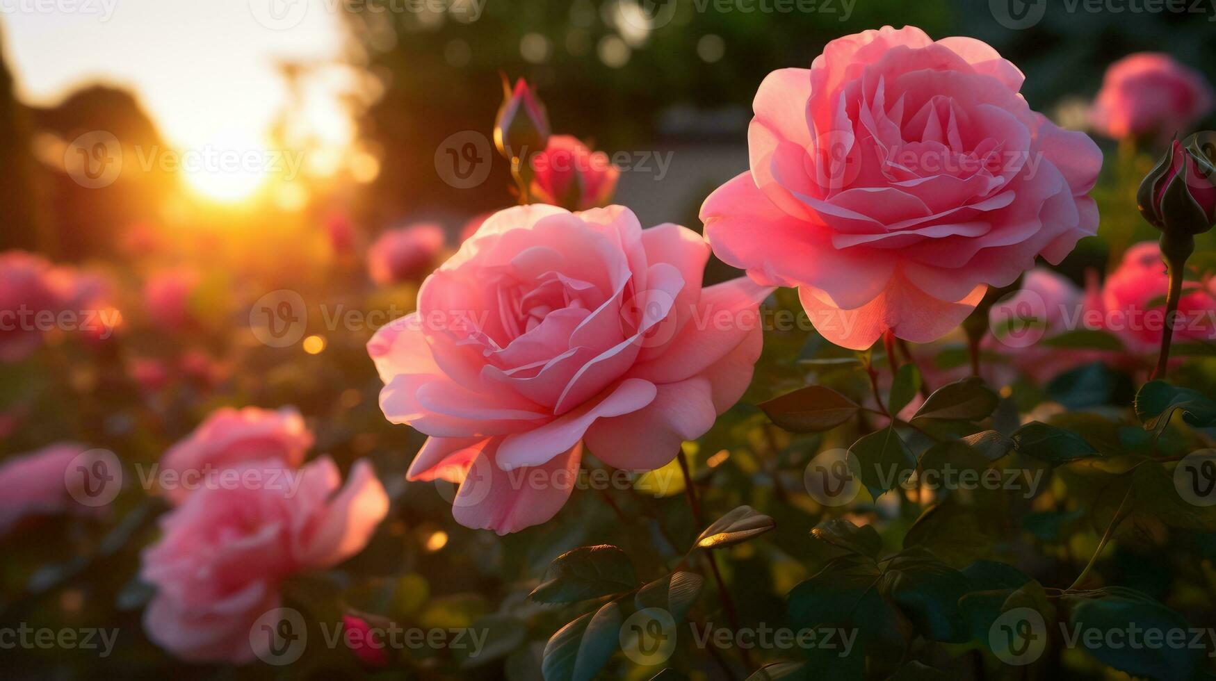 ai genererad rosa reste sig i morgon- solljus elegant blommig skönhet foto